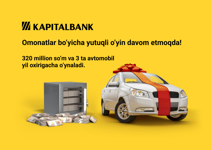 “Kapitalbank” omonat bo’yicha tirajlarining ikkinchi oyini boshladi: yil oxirigacha 320 million so‘m va 3 ta avtomobil o‘z baxtli g‘oliblarini kutmoqda.