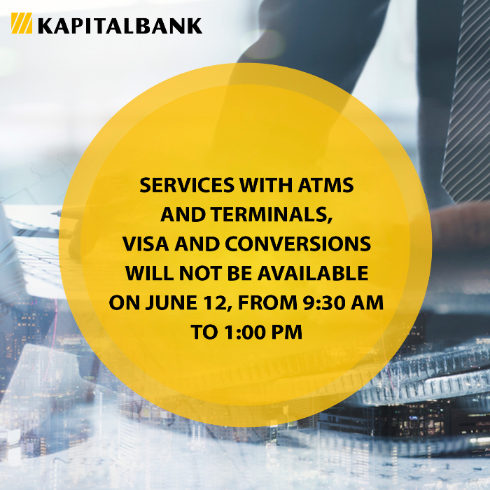 Dear customers, in connection with the scheduled maintenance, operations for VISA cards, conversions, as well as for ATMs and terminals will not be available tomorrow from 9:30 AM to 1:00 PM