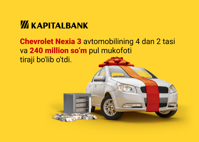 Kapitalbank omonatlari bo‘yicha yutuqli o‘yin davom etmoqda: ikkinchi Chevrolet Nexia 3 avtomobil mukofoti o'ynaldi!